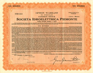 Societa Idroelettrica Piemonte - Option Warrant to Purchase Common Stock